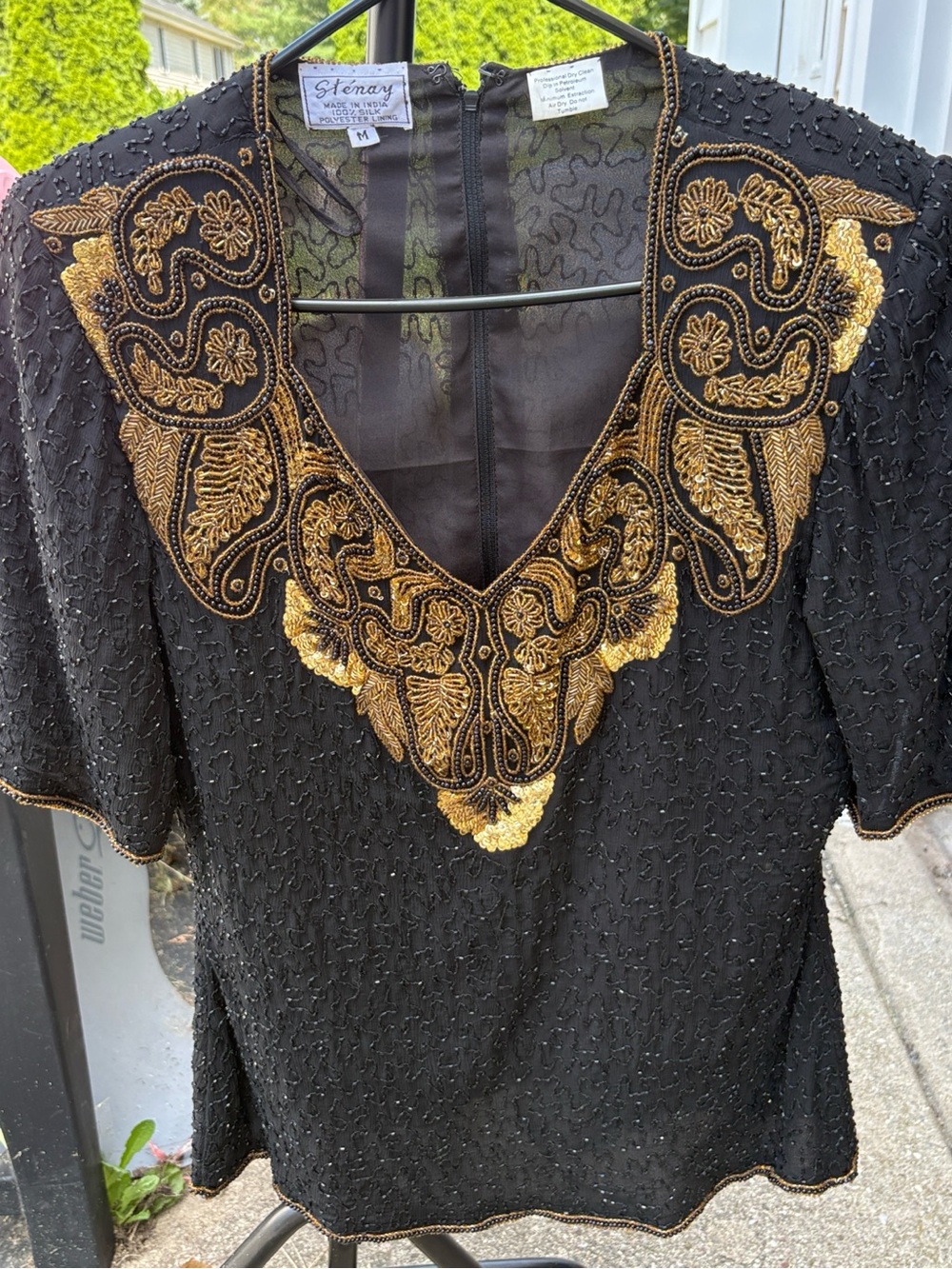Vintage Stenay Black Beaded Silk Top with Gold Embroidered V-Neck Accents